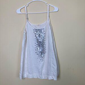 Eileen Fisher Petite PL Organic Linen White Sleeveless Cami Tank Silver Sequin